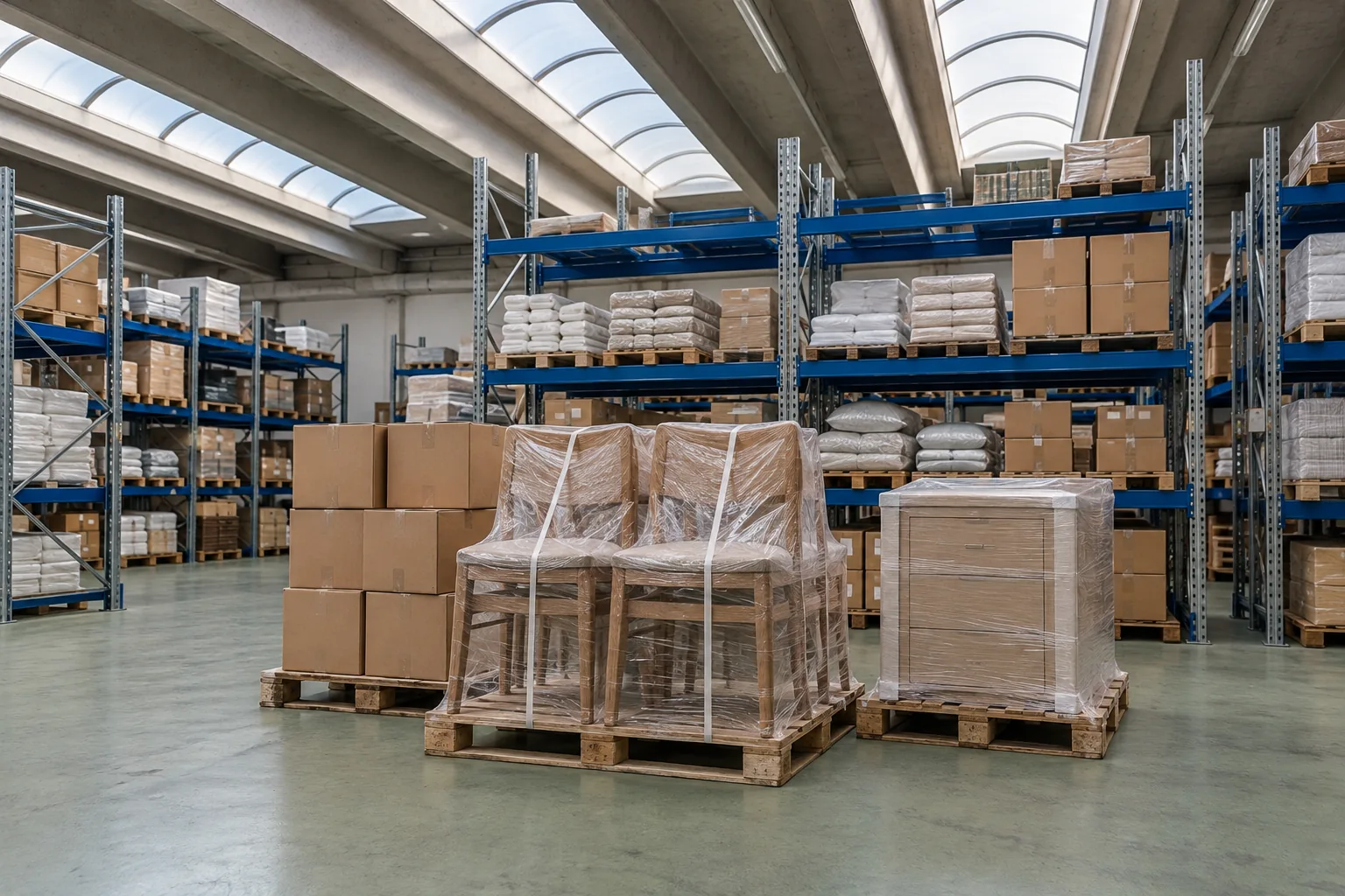 Protectively packed chairs, spare furniture and textile boxes in storage