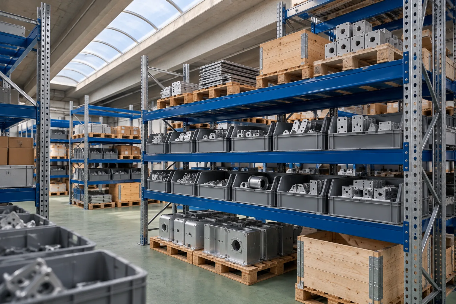 Metal components in grey containers and on pallets in blue shelving