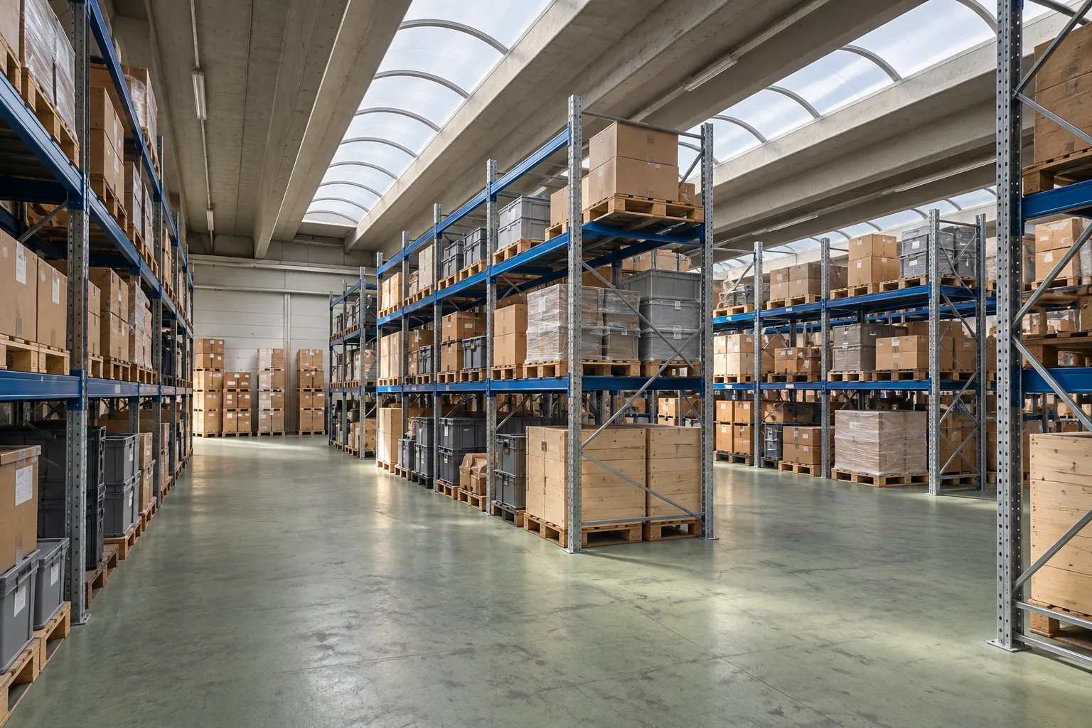 Blue warehouse racking with boxes and containers beneath vaulted skylights