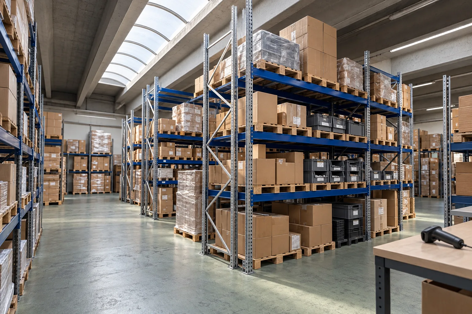 Organised stock on blue racking and a barcode scanner at a workstation