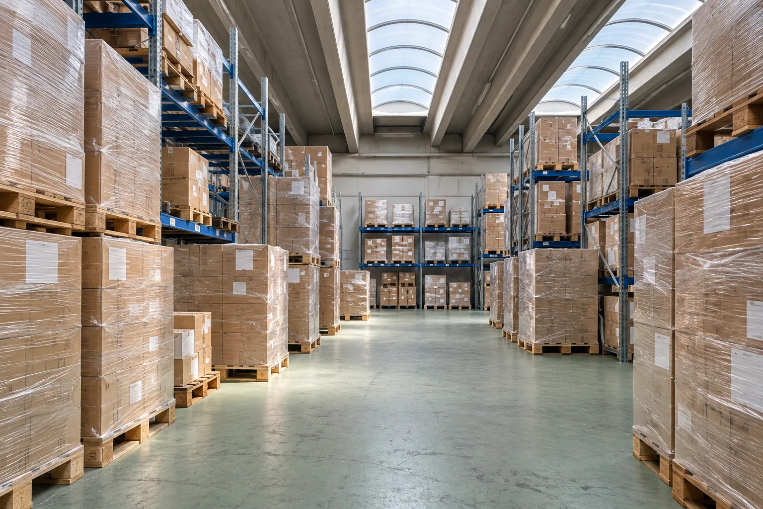 Boxed goods stored neatly on pallets with a clear warehouse aisle