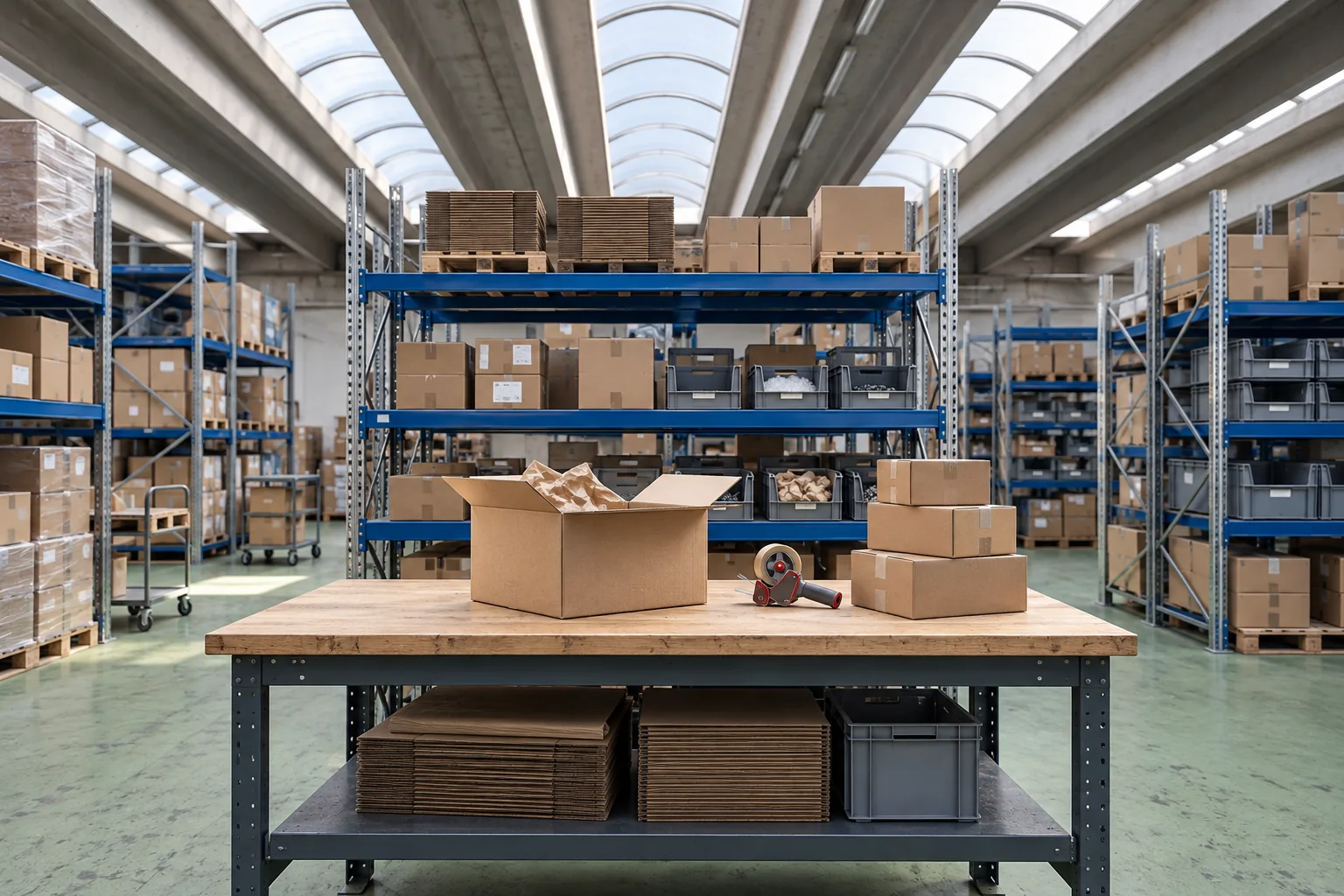 Packing bench with shipping cartons, paper cushioning and warehouse shelving in the background