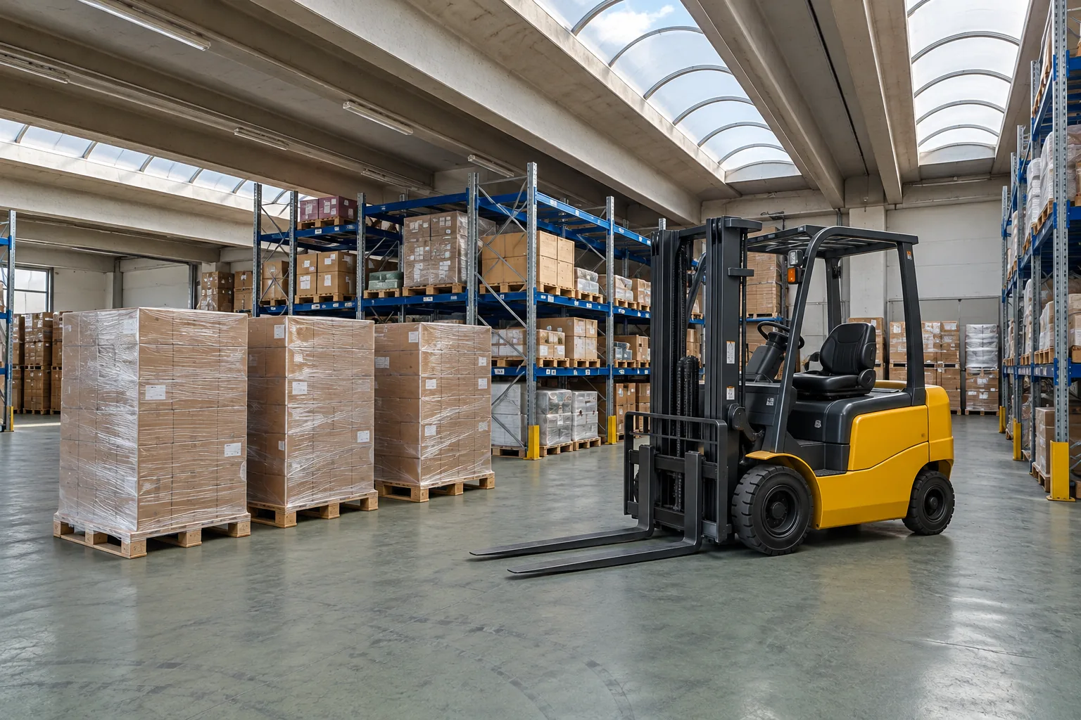 Yellow forklift with lowered forks beside prepared palletised goods