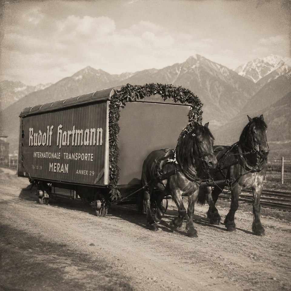 Historic Rudolf Hartmann horse-drawn wagon against the South Tyrolean mountains