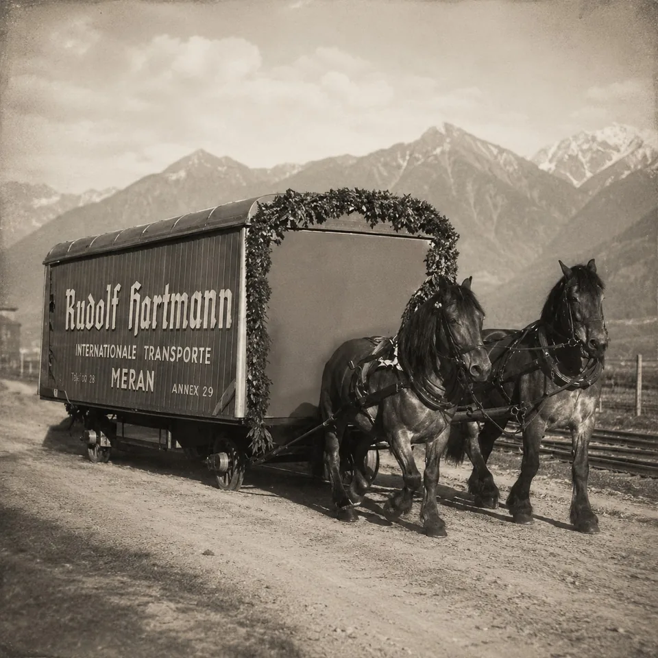 Horse-drawn wagon bearing the name Rudolf Hartmann in Merano